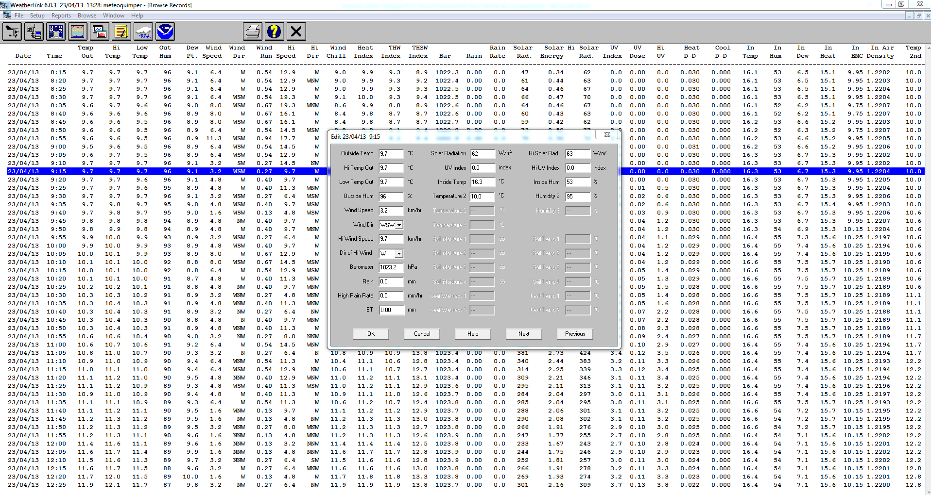 Tableau de données météo WeatherLink